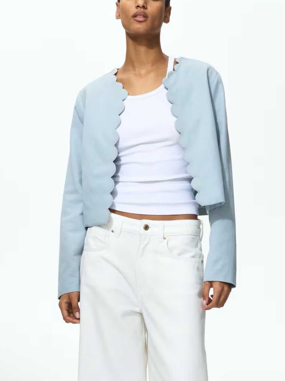 💙 NEW H&M studio linen blend Scalloped Edge Jacket in Light Blue